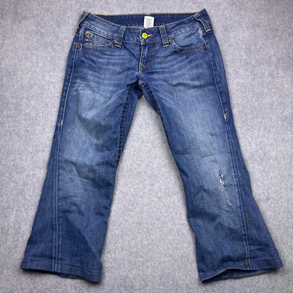 Vintage True Religion Jeans Yellow Stitching Flap Pocket USA Made 34x25 (Hemmed)